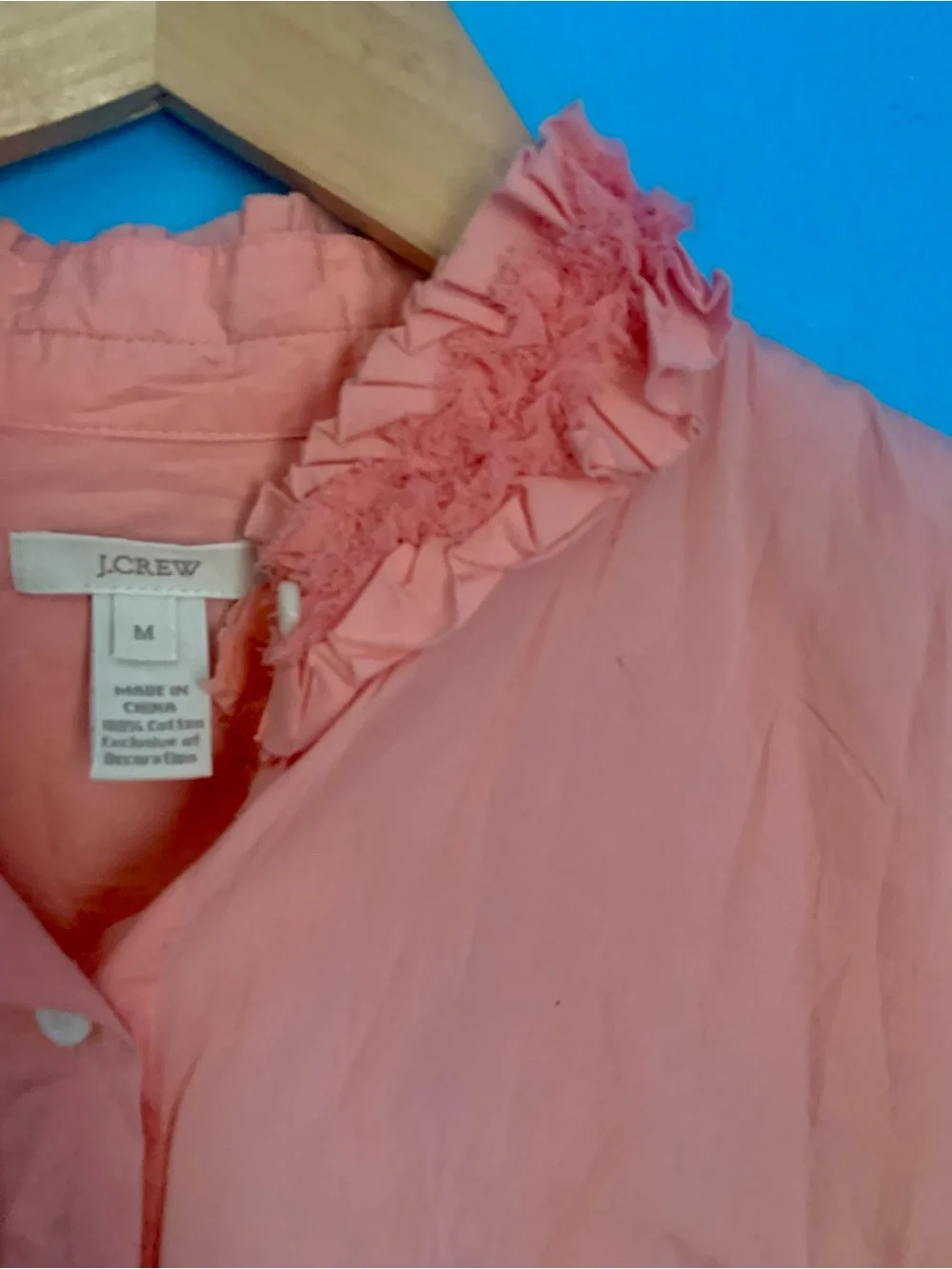 J. Crew Peach Coral Ruffle Collar 100% Cotton Long Sleeve Button Up Shirt M